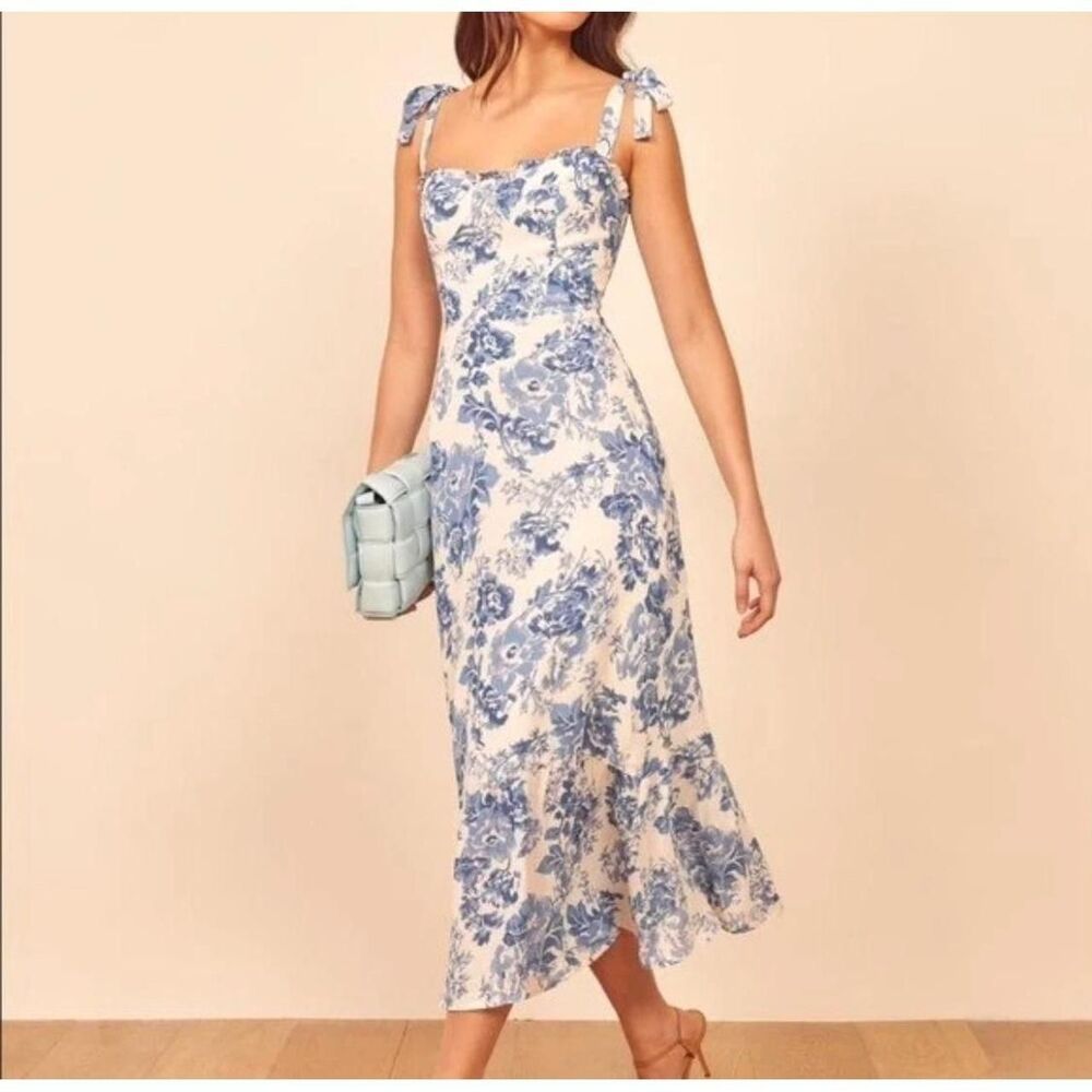 Reformation Women's Blue and White Summer-dress Nikita midi - Picture 3 of 8